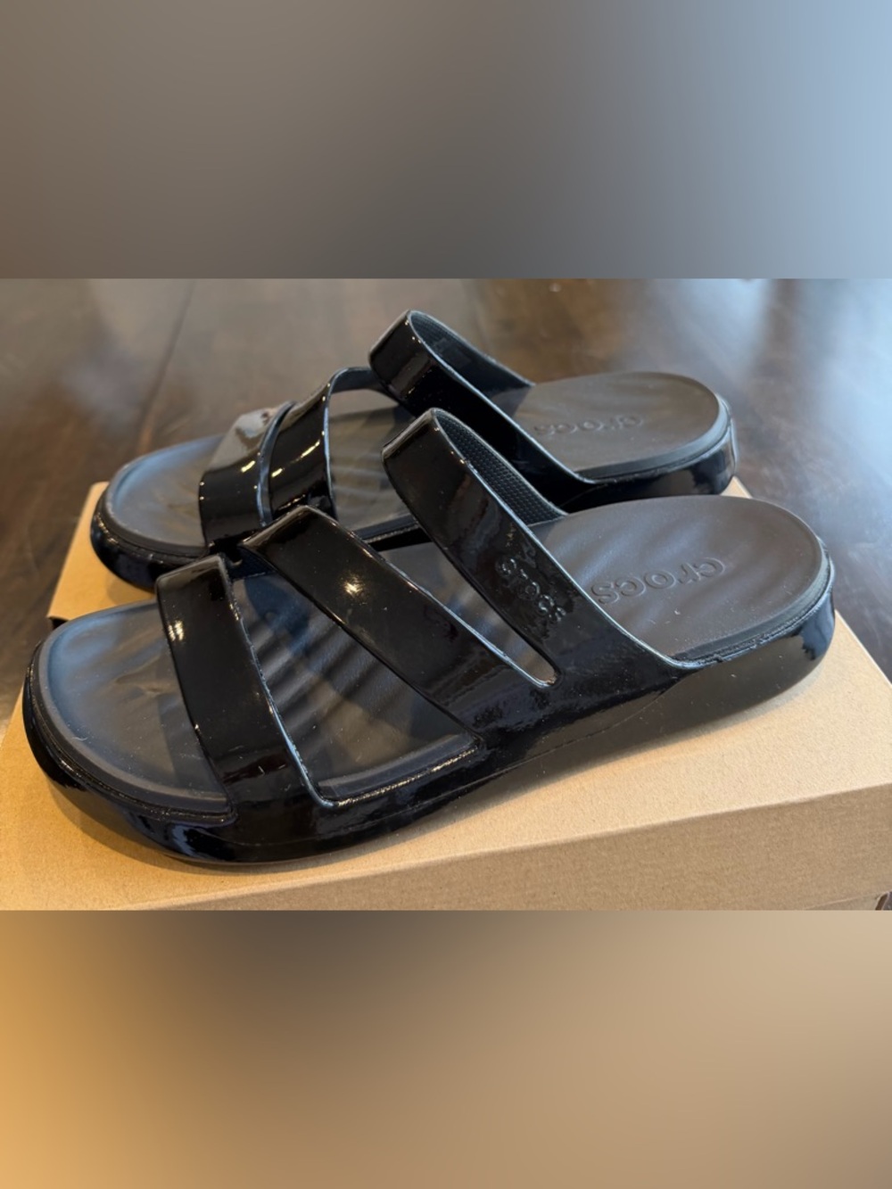Crocs Getaway Black Patent Strappy Sandals - Picture 2 of 5